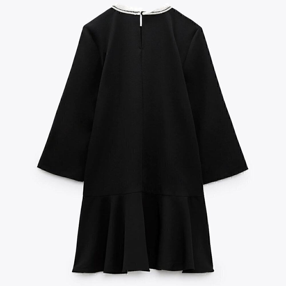 Zara NWT Black Contrast Lace Tie Front Ruffle Mini Dress S M - Picture 16 of 16